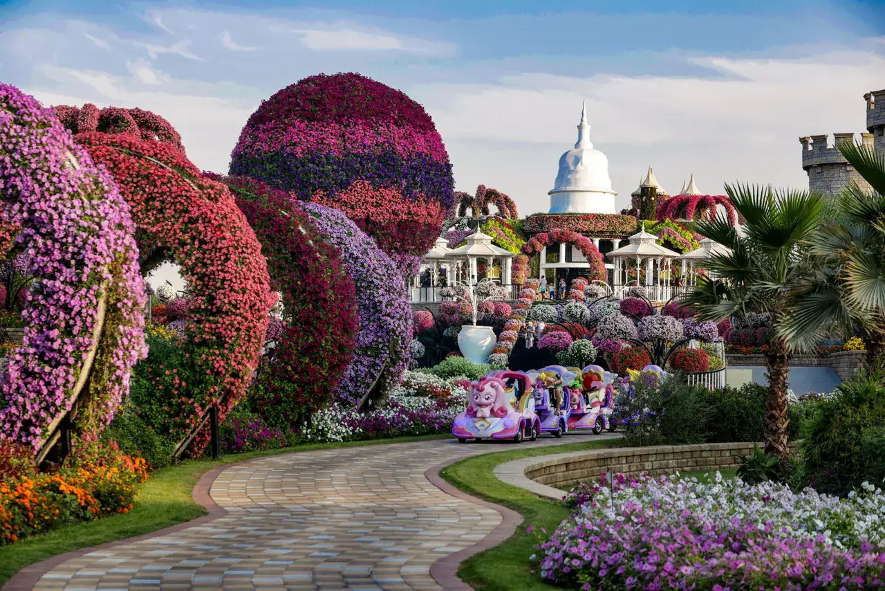 Květinové oblouky, koule z květin a věž květinového hradu na cestě v Dubai Miracle Garden