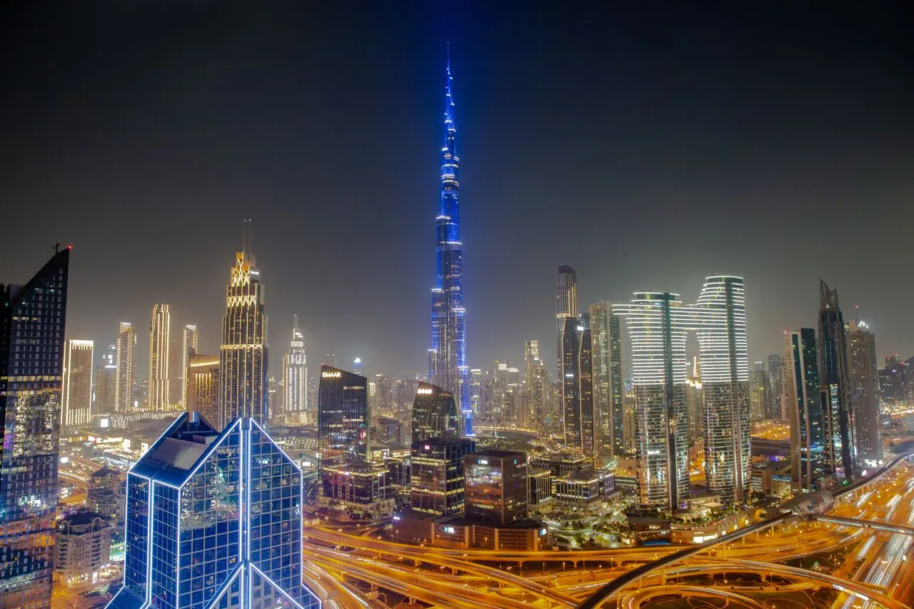 Downtown Dubai from above with Burj Khalifa and Dubai Mall