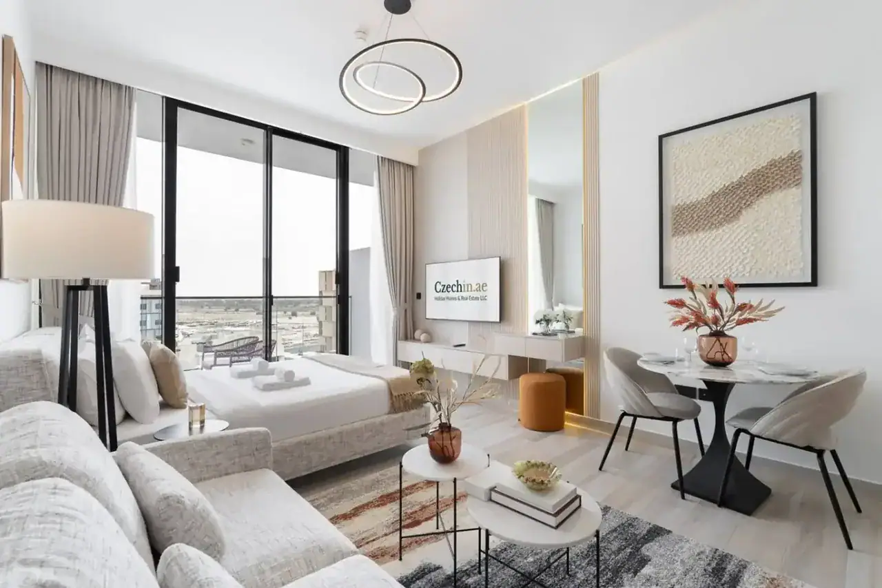 Modern studio with a pool view, one of the CzechIn.ae apartments in short-term rental